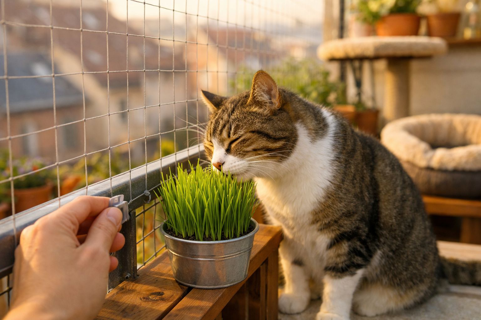 Gato cheirando plantas verdes num vaso metálico numa varanda com rede protetora ao entardecer.