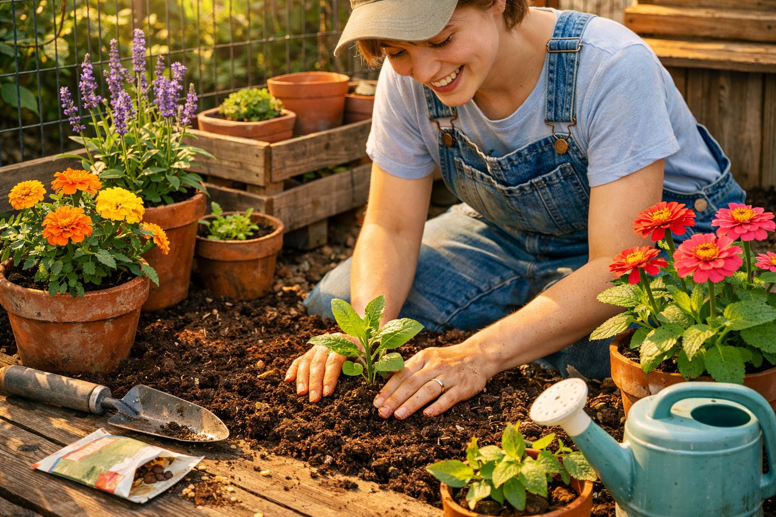 Mulher a sorrir enquanto planta uma muda no jardim, rodeada de flores coloridas em vasos.
