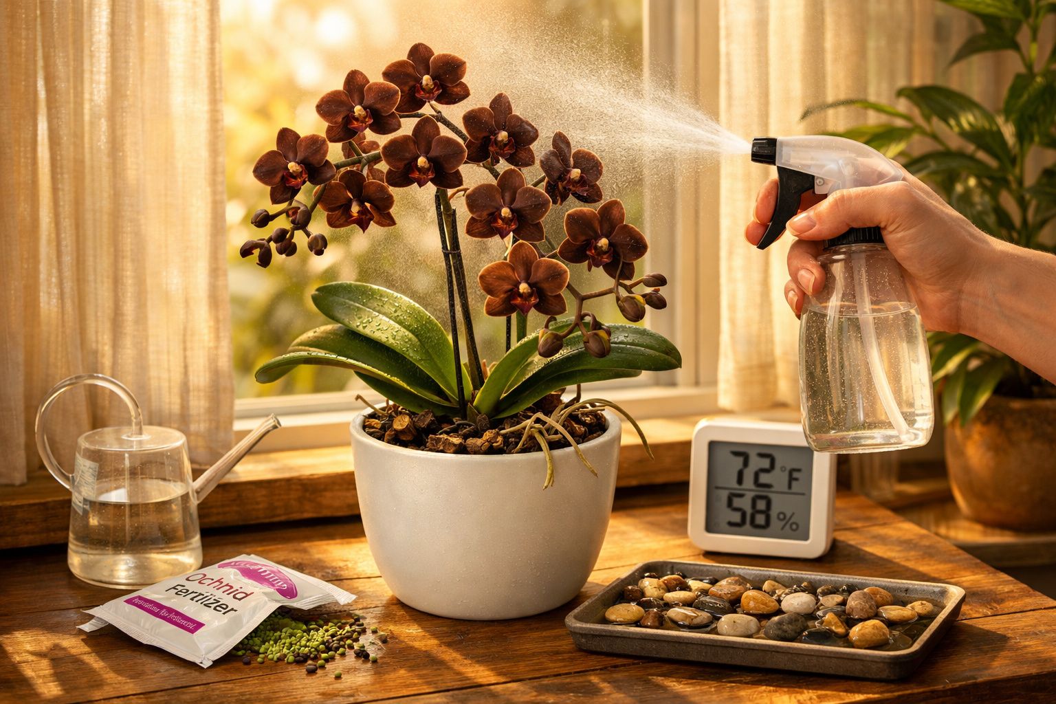 Mão a borrifar água numa orquídea castanha num vaso branco junto a janela com luz natural suave.