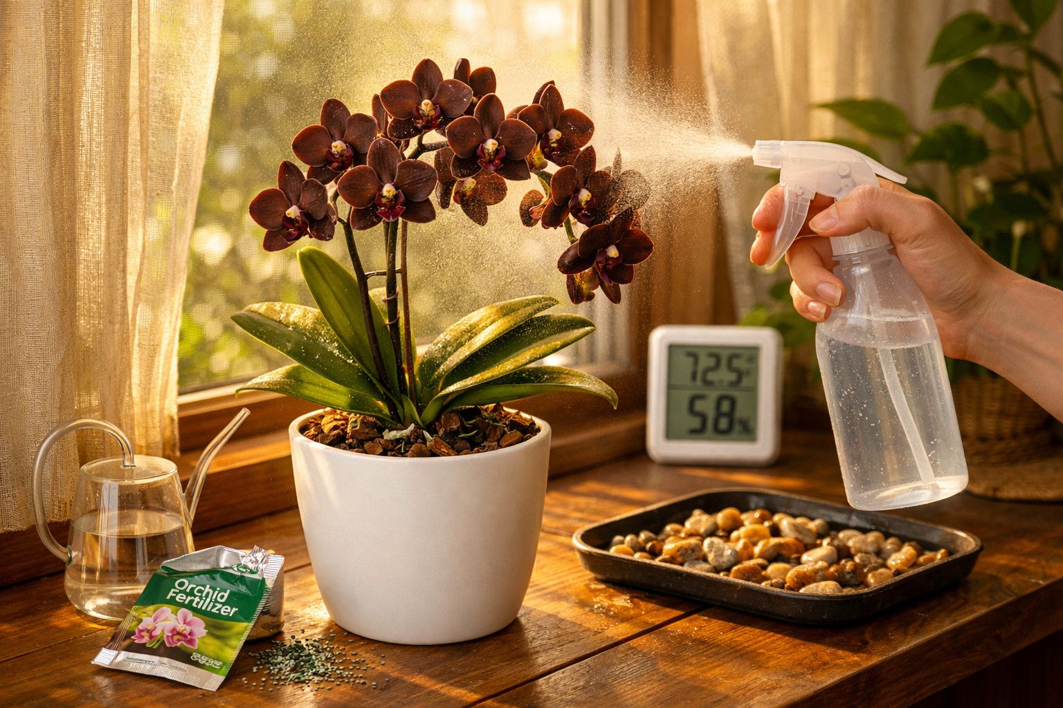 Pessoa a vaporizar orquídea castanha numa jarra branca num peitoril de janela com regador e fertilizante.