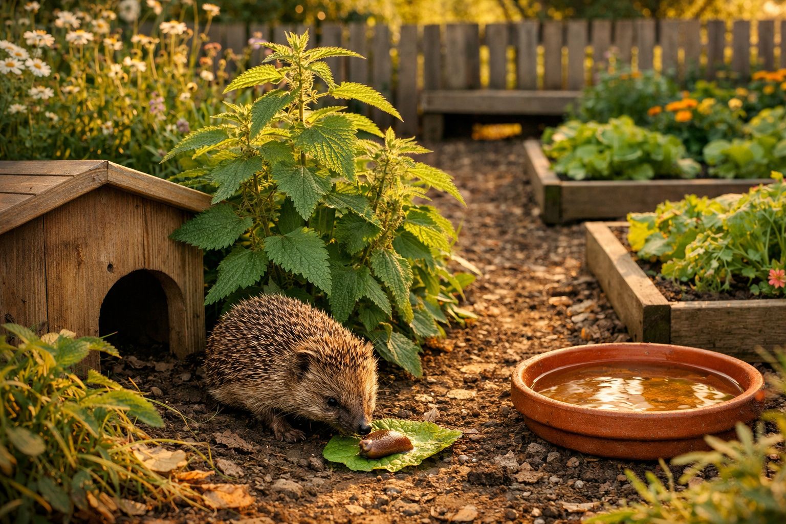 Ouriço a comer perto de uma casinha de madeira e uma tigela de água num jardim com canteiros elevados.