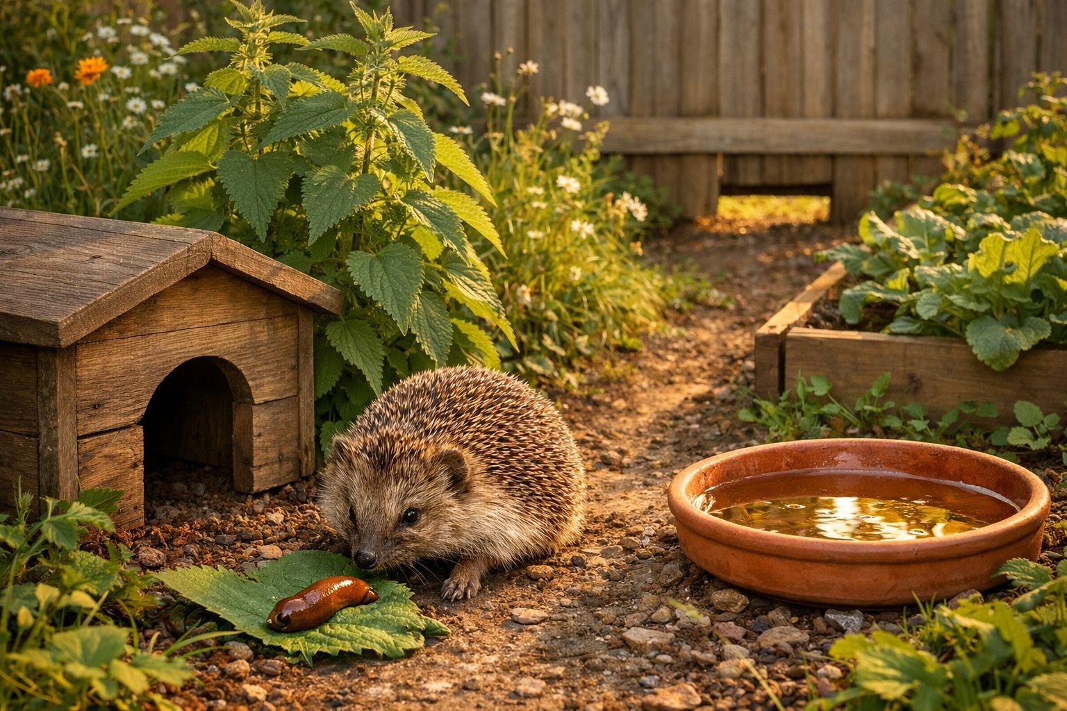 Ouriço no chão perto de uma tenda pequena, com um prato de água e vegetação ao redor.