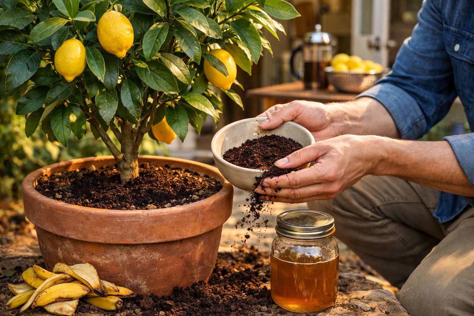 Pessoa a fertilizar uma árvore de limão em vaso com composto orgânico ao ar livre.