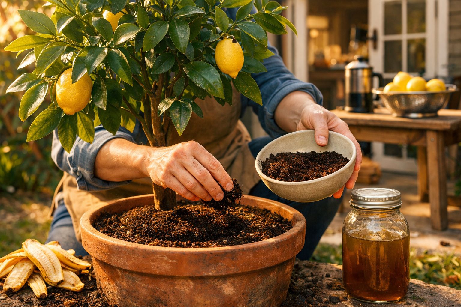 Pessoa a cuidar de um limoeiro em vaso, adicionando terra junto a frasco de líquido dourado e casca de banana.