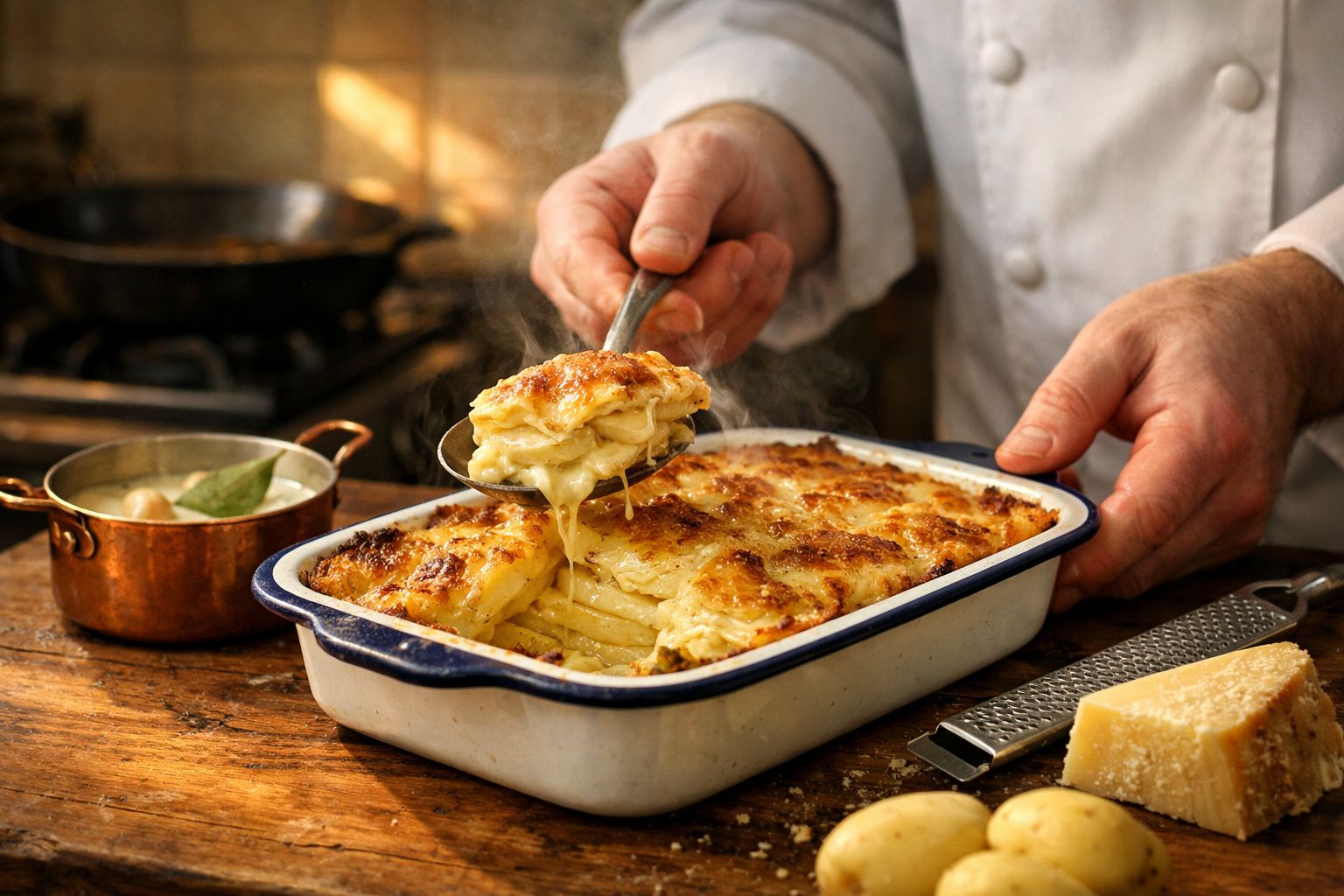 Pessoal a servir uma porção fumegante de gratinado de batatas numa travessa em mesa de madeira.