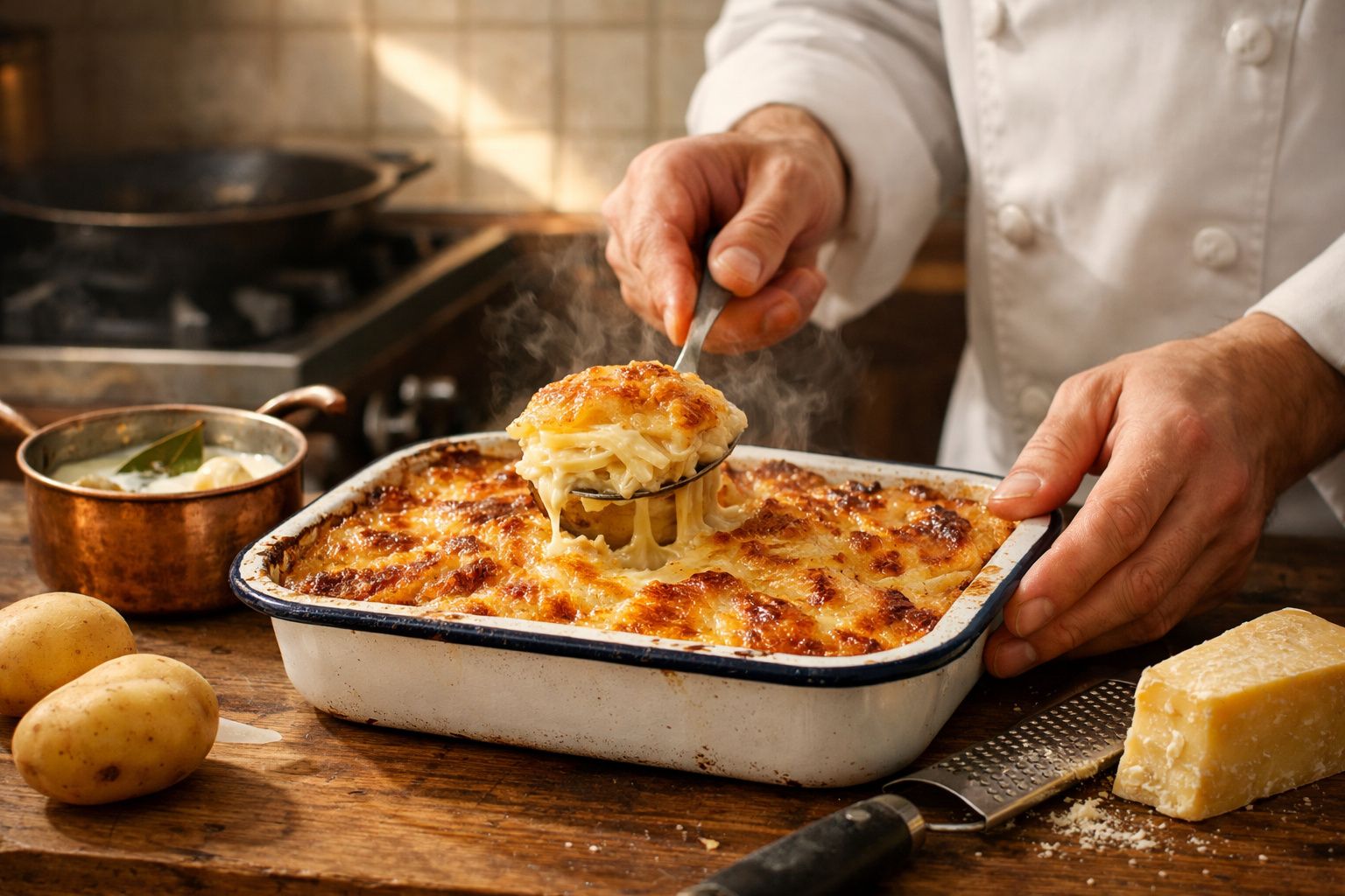 Pessoa a servir gratinado de batata quente numa travessa branca sobre mesa de madeira.