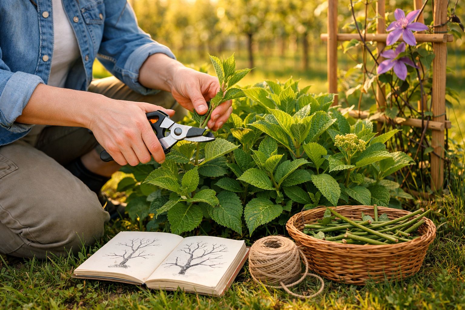 Pessoa a podar plantas verdes num jardim, com livro de ilustrações e cesta de ramos frescos ao lado.