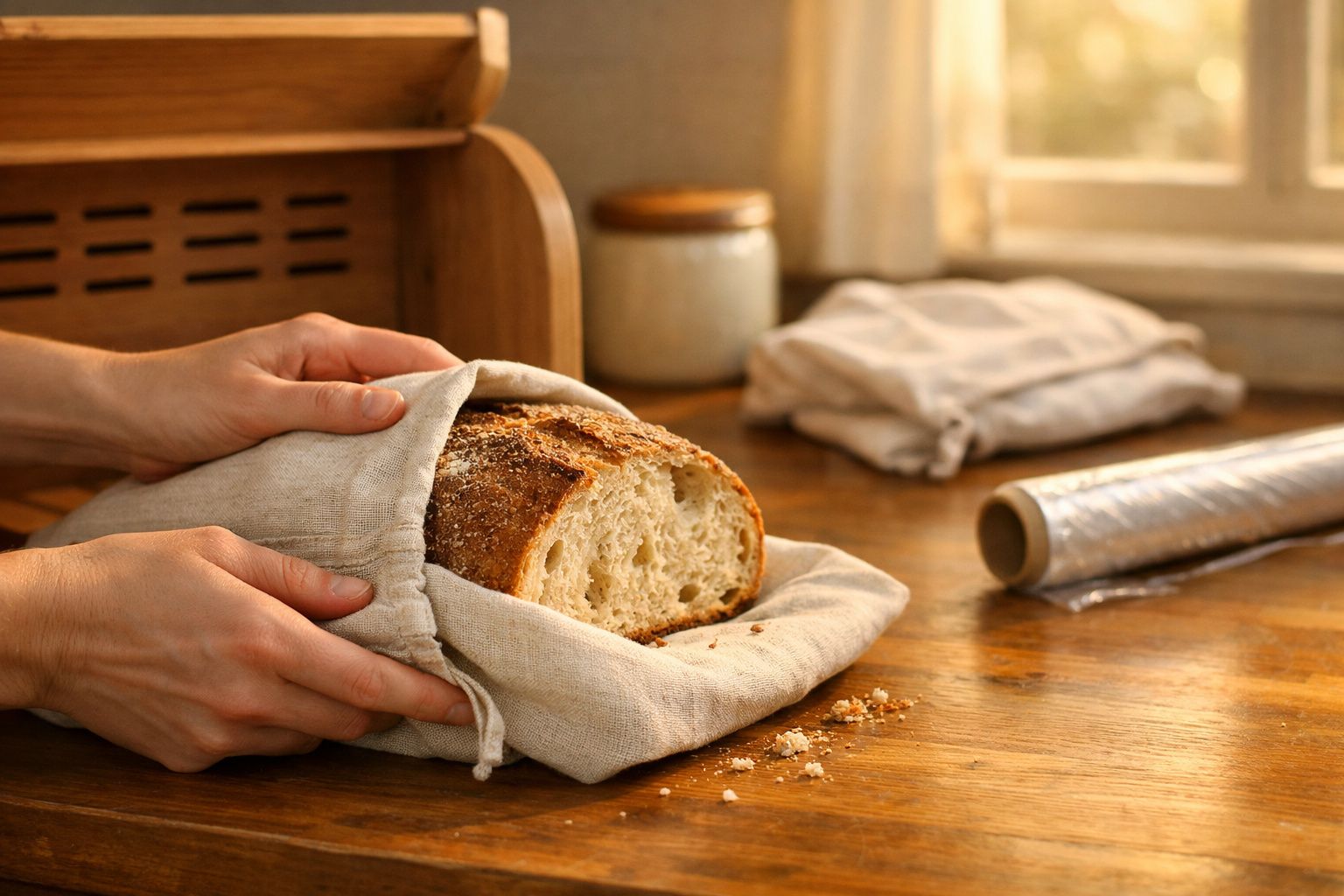 Pão caseiro com crosta dourada sendo guardado em saco de tecido num ambiente de cozinha iluminado.