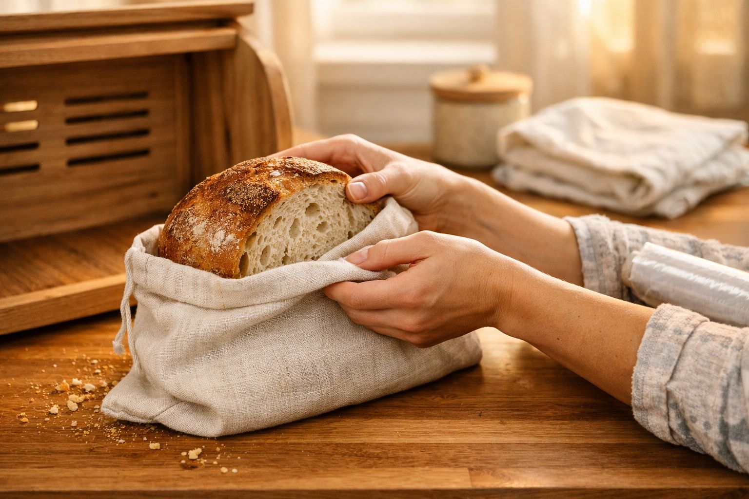 Mãos a guardar pão numa bolsa reutilizável de tecido numa cozinha com luz natural.