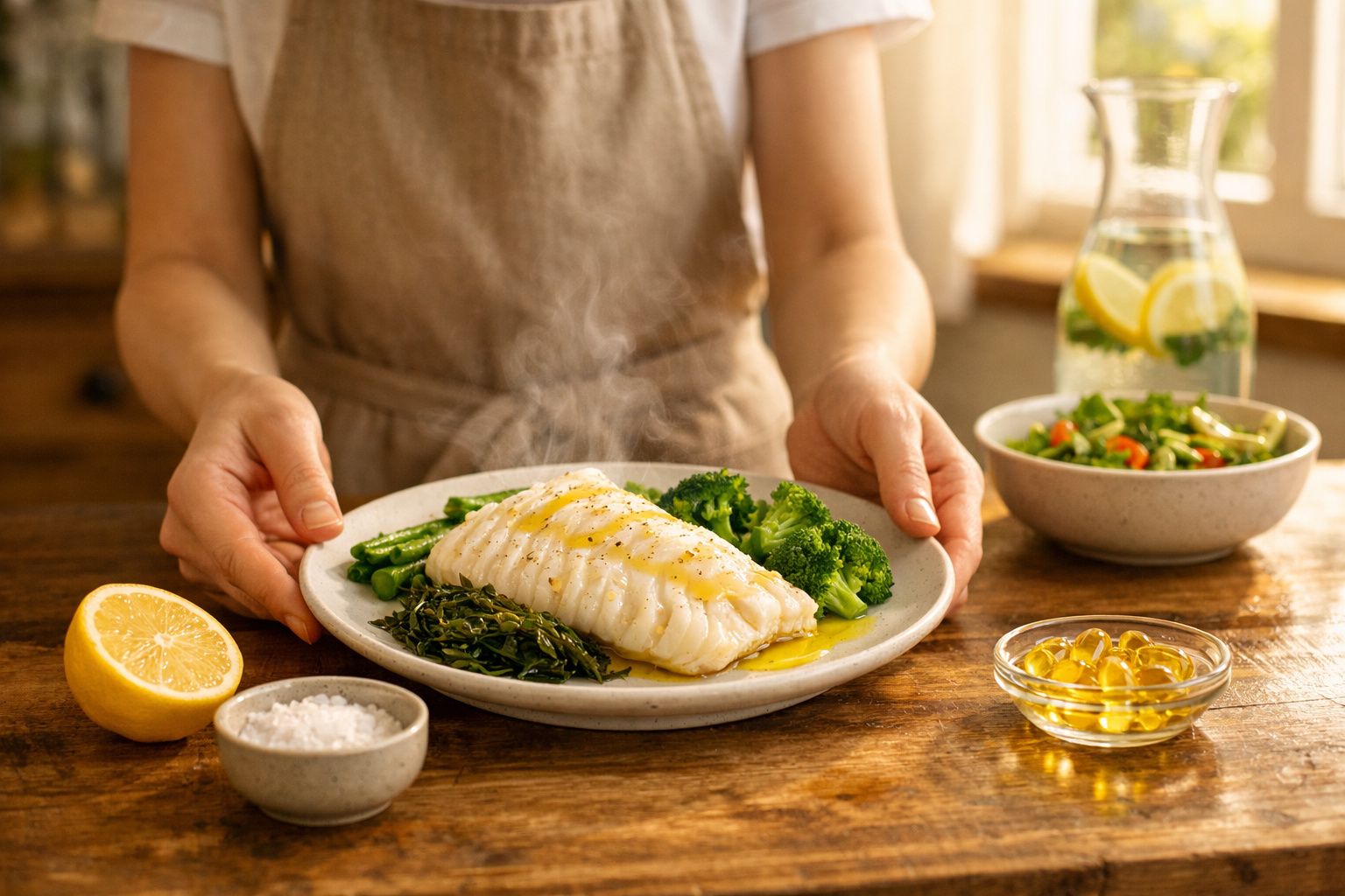 Pessoa a servir prato com filete de peixe, legumes verdes e azeite, acompanhado de limão e sal.