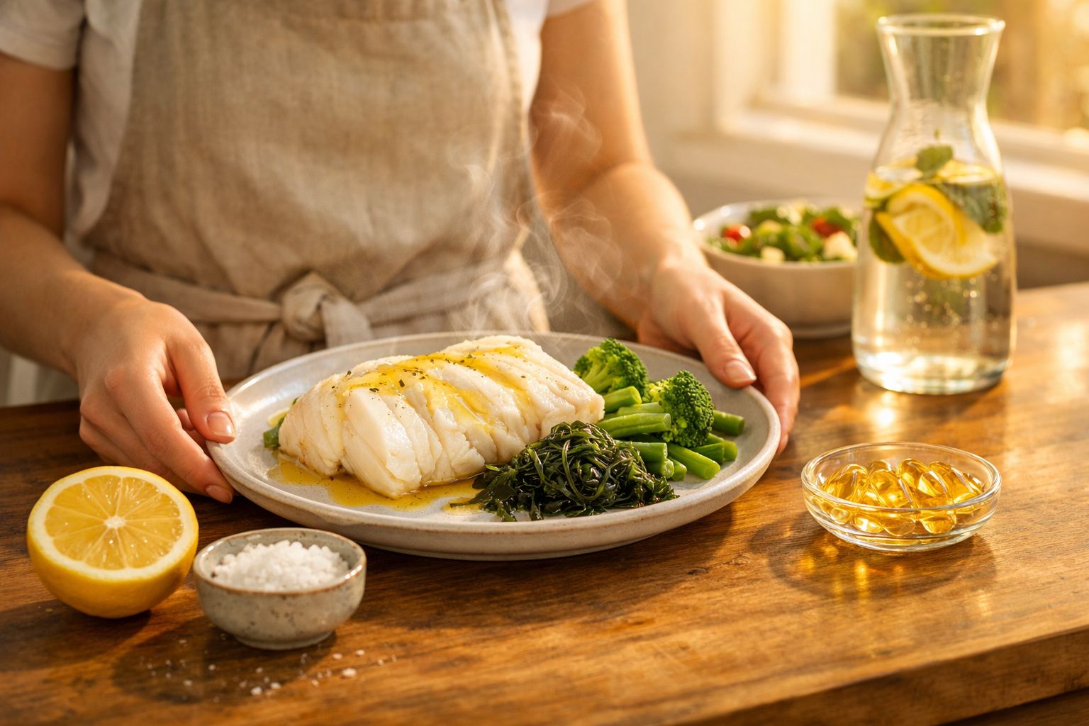 Pessoa a servir prato com peixe branco, brócolos e algas, com limão, sal e cápsulas de óleo, em mesa de madeira.