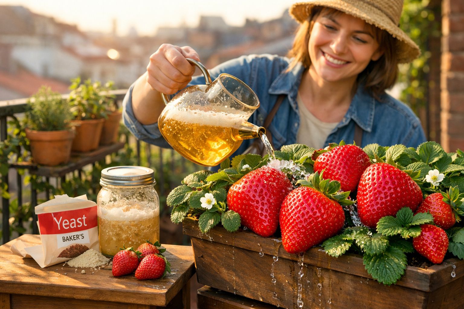 Mulher a regar morangos grandes num vaso, com fermento e frascos numa mesa ao lado.
