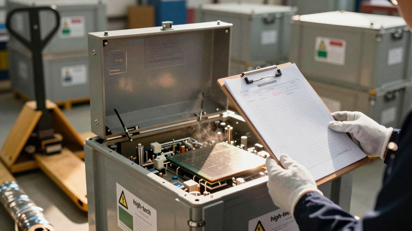 Operador com luvas a verificar equipamento técnico dentro de uma caixa metálica numa fábrica.