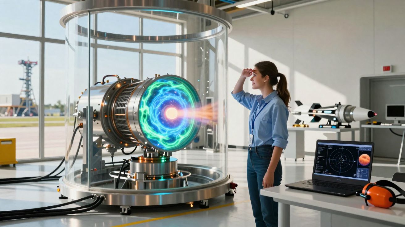 Mulher observa dispositivo tecnológico futurista com energia azul e laranja num laboratório moderno.