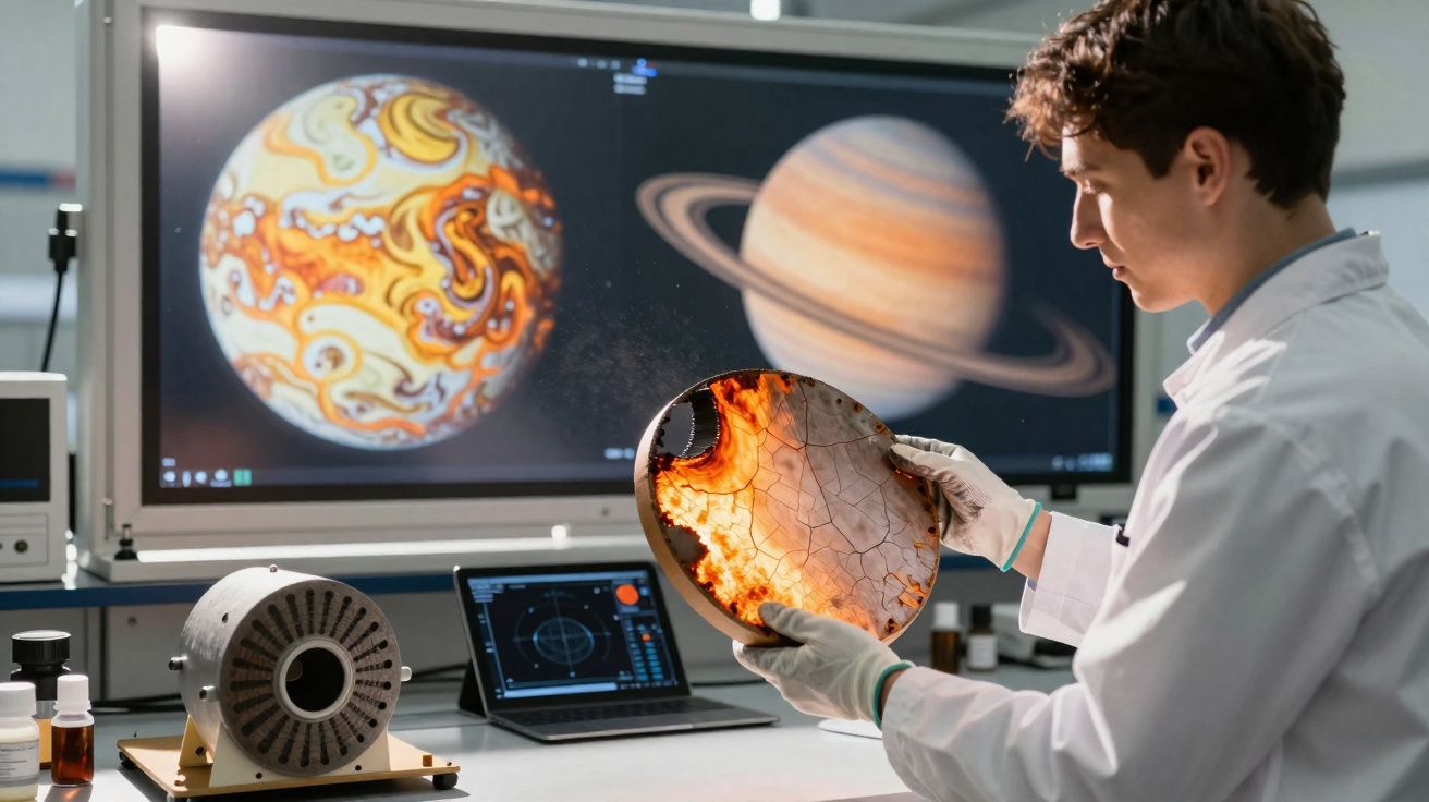 Cientista de luvas observa peça circular com queimaduras em laboratório com imagens de planetas no ecrã.