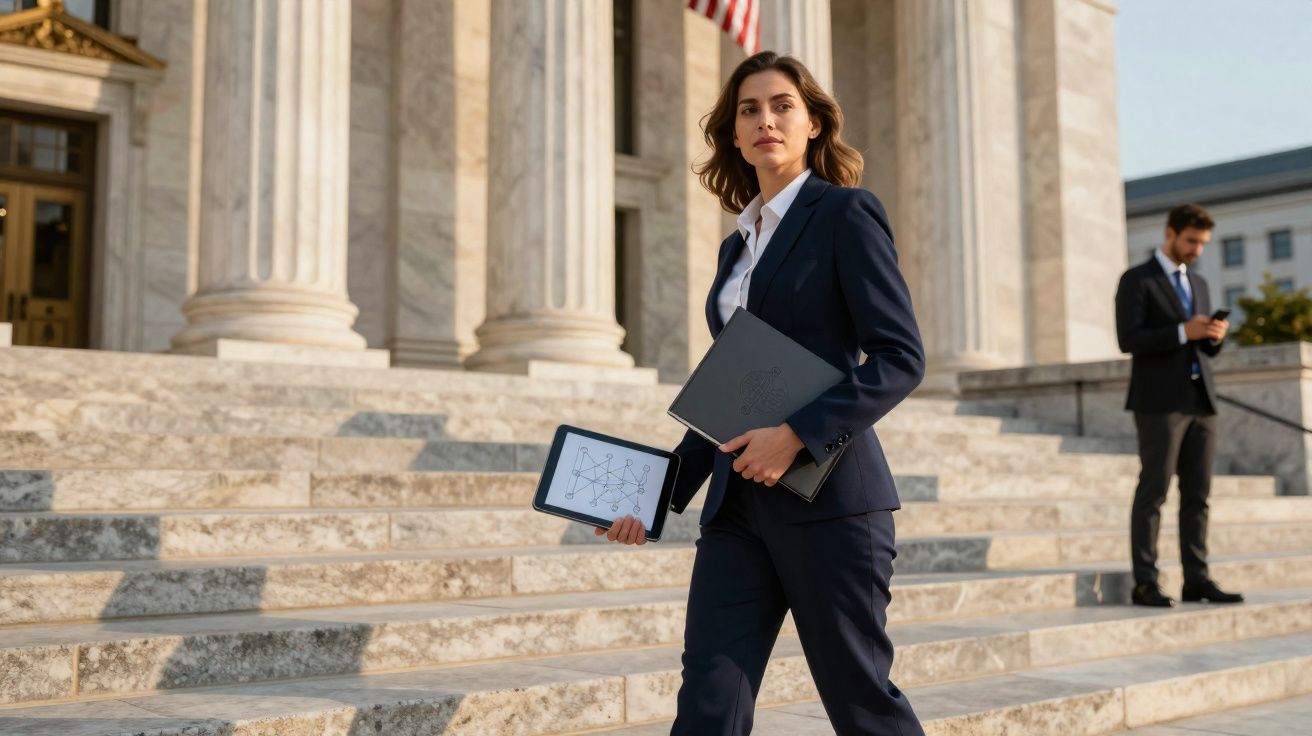 Mulher de fato formal segura tablet e pasta a caminhar em escadaria de edifício público com colunas.