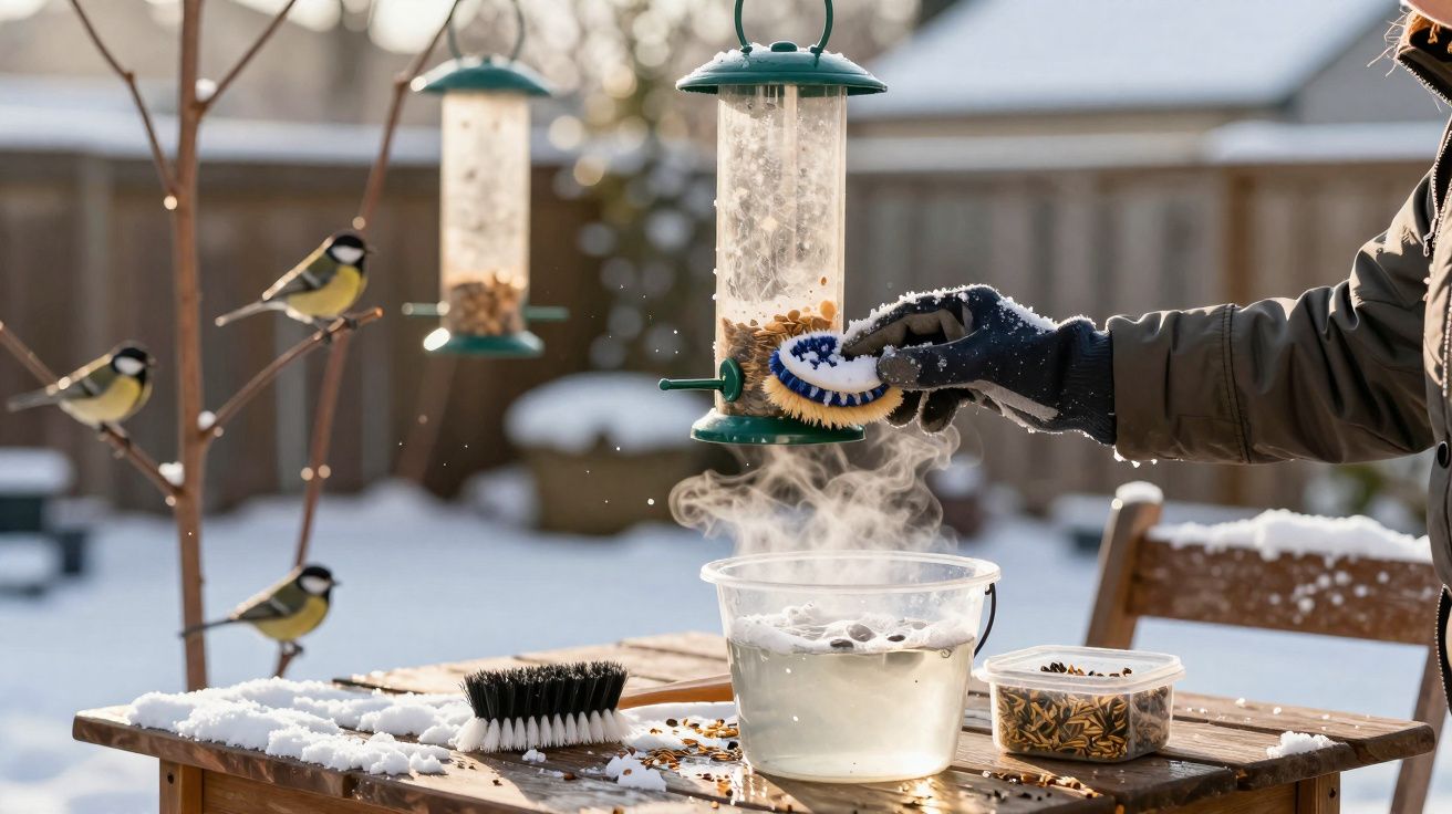 Mãos com luvas limpando comedouro de pássaros com neve e pássaros em redor numa mesa ao ar livre no inverno.