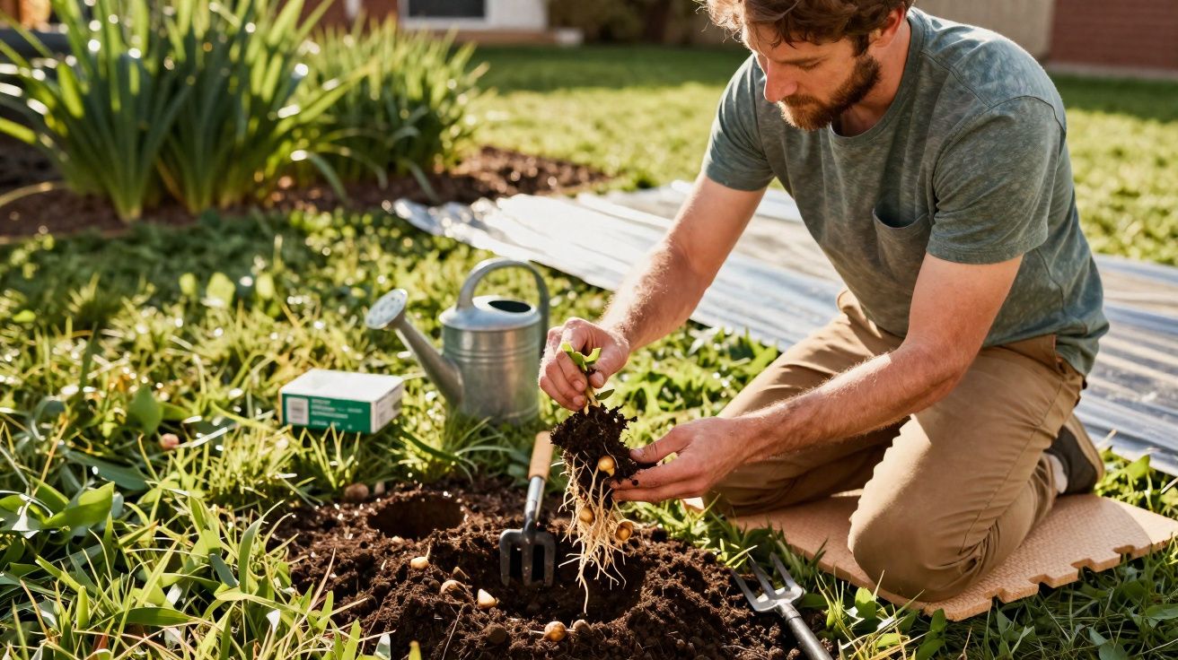 Homem a plantar uma planta nova no jardim, ajoelhado na relva com ferramentas de jardinagem e regador ao lado.