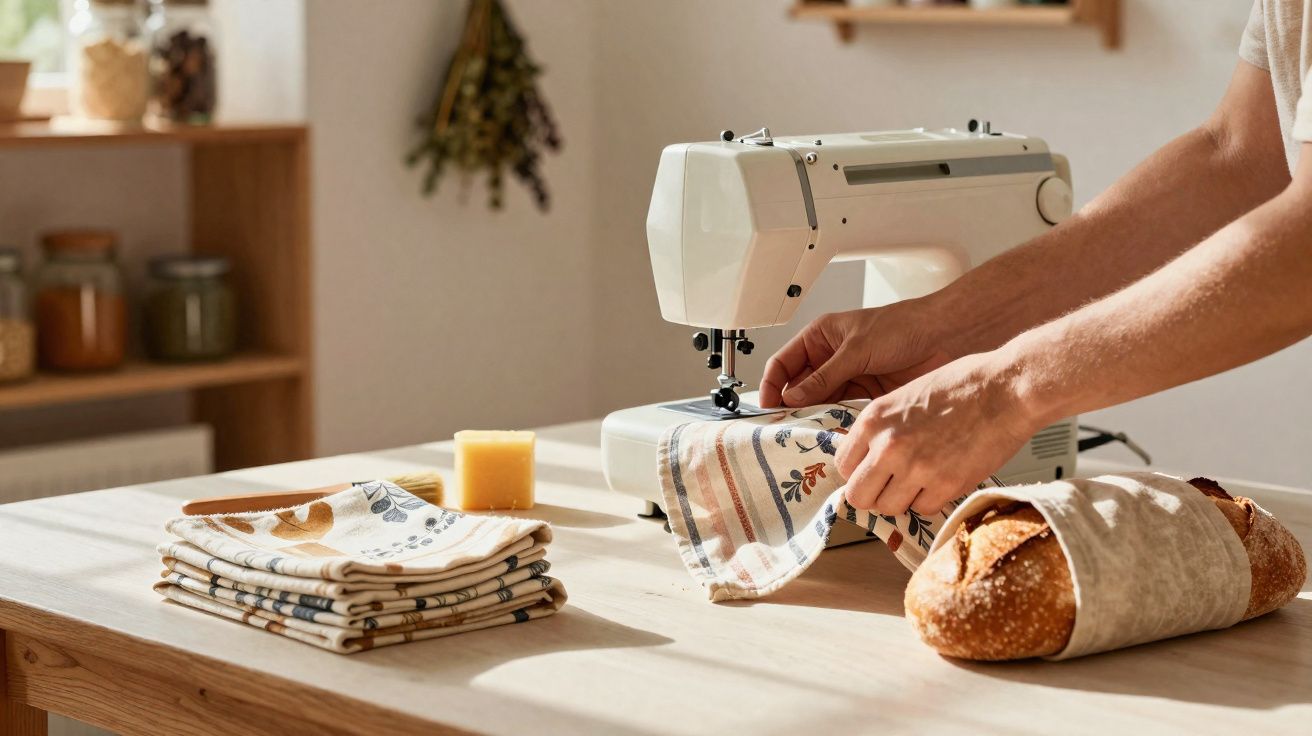 Pessoa a costurar pano com máquina de costura numa mesa de madeira iluminada pelo sol.