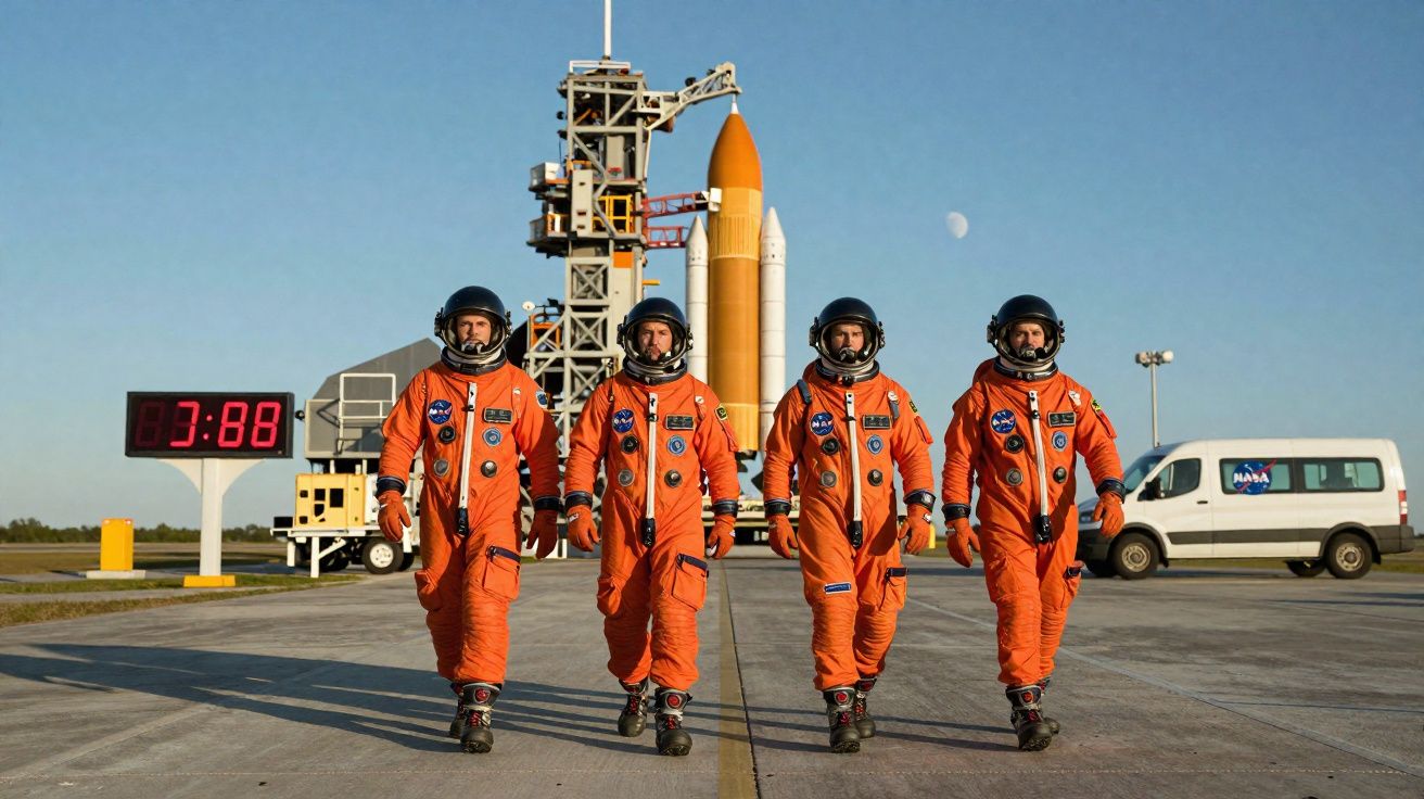Quatro astronautas com fatos espaciais laranja caminham em direção à câmara de lançamento de um foguetão.
