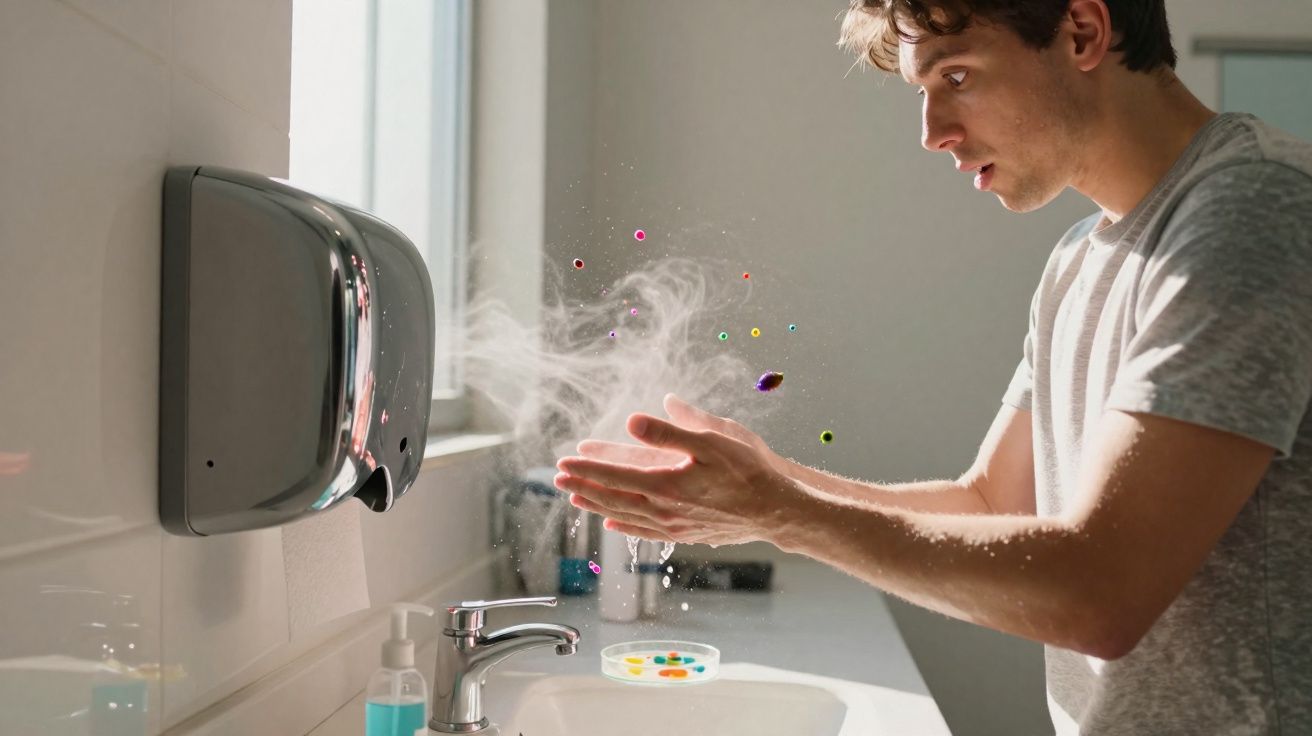 Homem a lavar mãos com gotas coloridas e vapores digitais num lavatório, demonstrando higiene e germes.