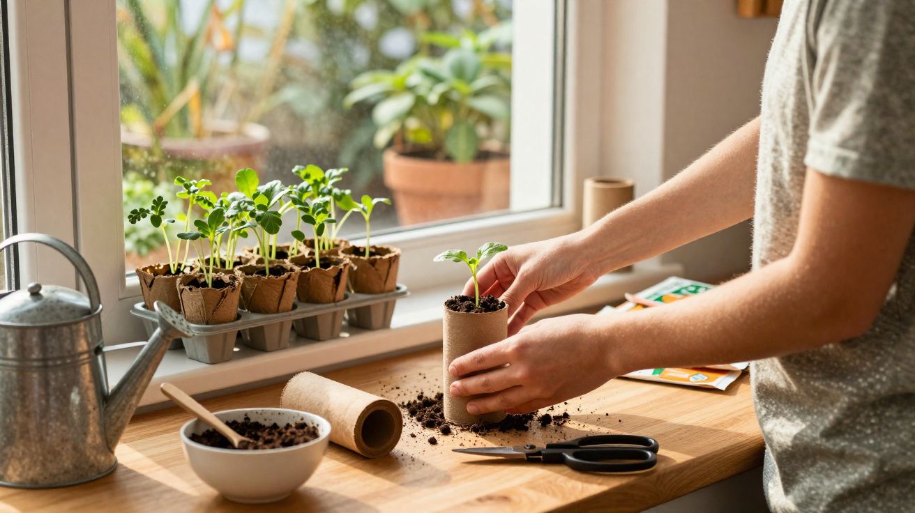 Pessoa a transplantar mudas para vasos biodegradáveis numa bancada perto de uma janela com luz natural.