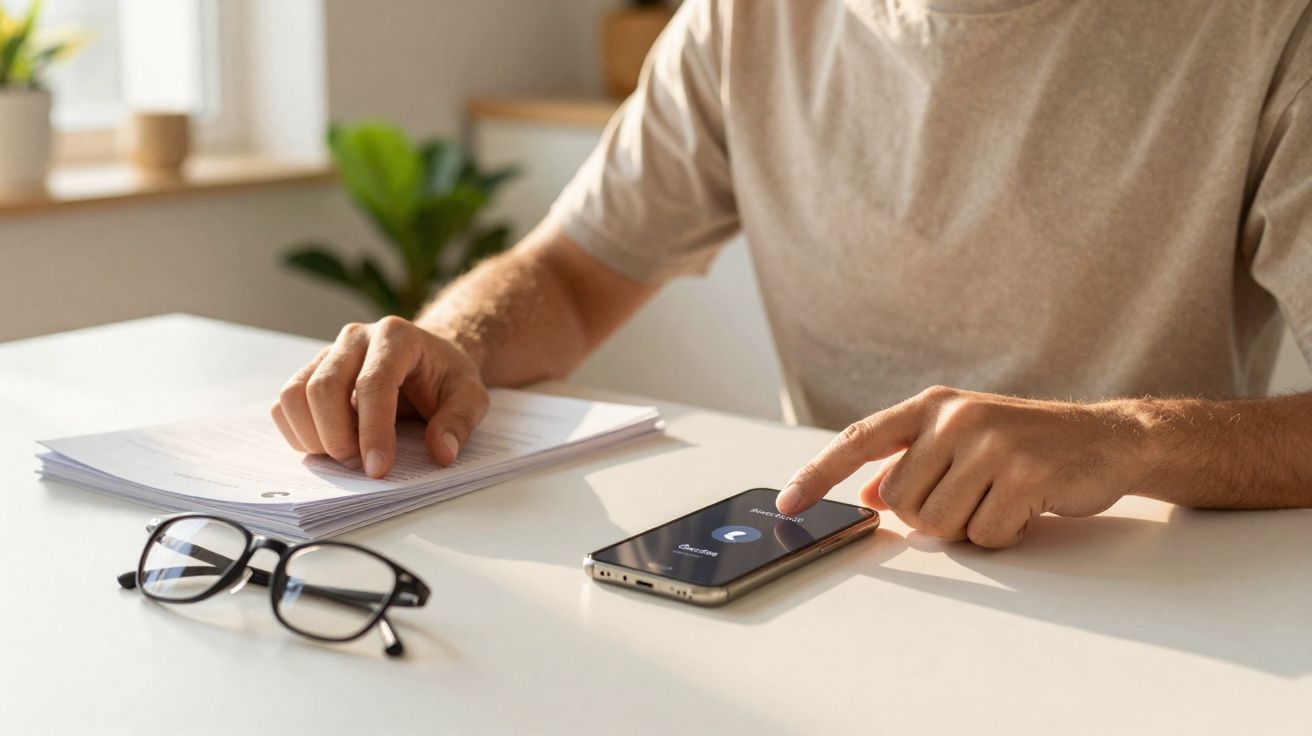 Pessoa a atender uma chamada no telemóvel, com papéis e óculos numa mesa branca iluminada pelo sol.