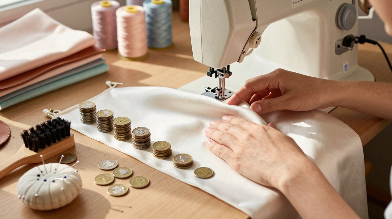 Máquina de costura com mãos a trabalhar tecido branco e moedas empilhadas numa mesa de madeira.