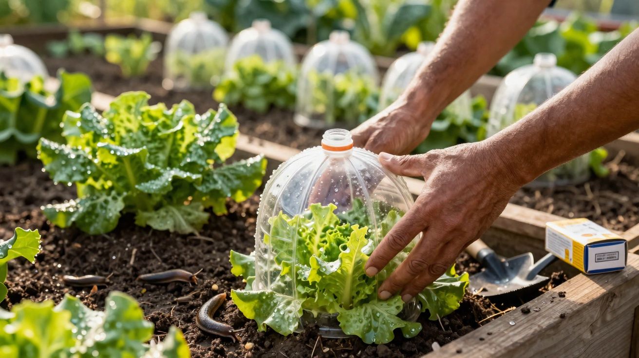 Mãos a colocar tampa de plástico sobre alface num canteiro de jardim para proteção e crescimento.