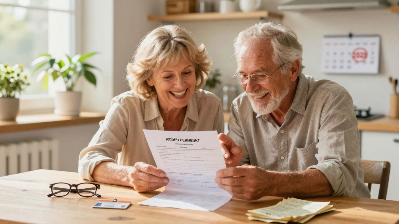 Casal sénior feliz sentado à mesa a ler documento juntos numa cozinha iluminada.