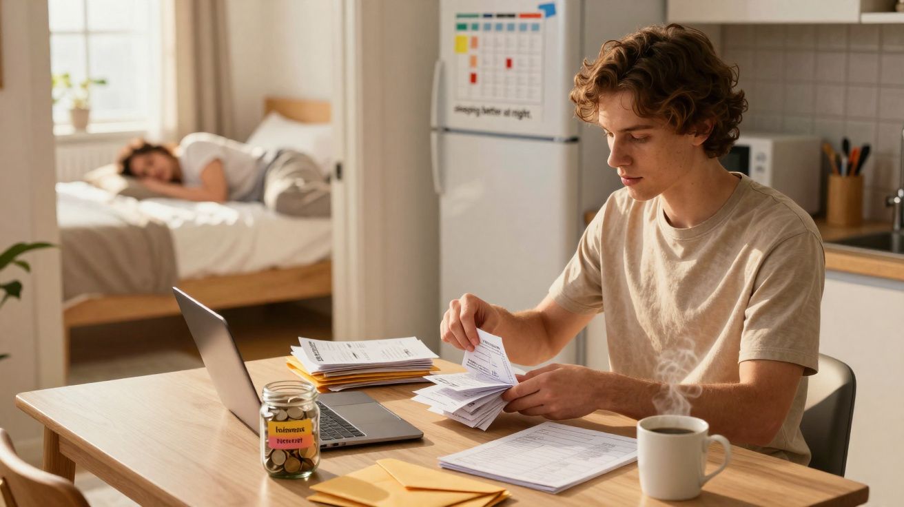 Jovem sentado a analisar contas numa mesa de cozinha com laptop, café e jarro de moedas, enquanto outra pessoa dorme no quart