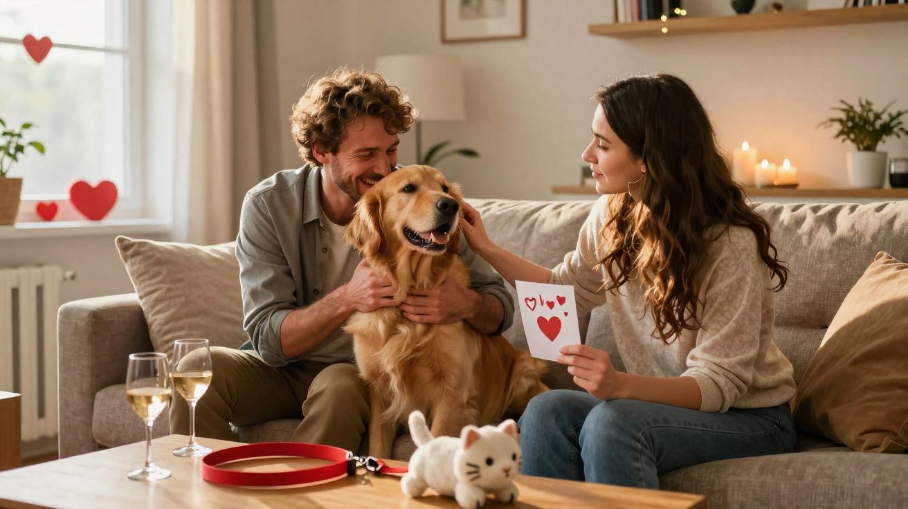 Casal sentado no sofá a brincar e acariciar um cão golden retriever com decoração romântica na sala.