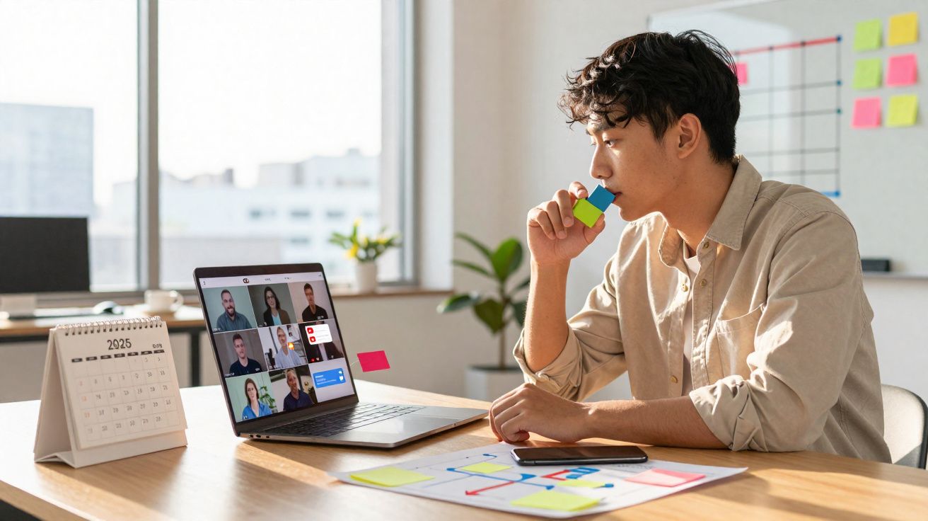 Homem jovem a pensar durante videoconferência no laptop numa mesa com calendário e notas coloridas.