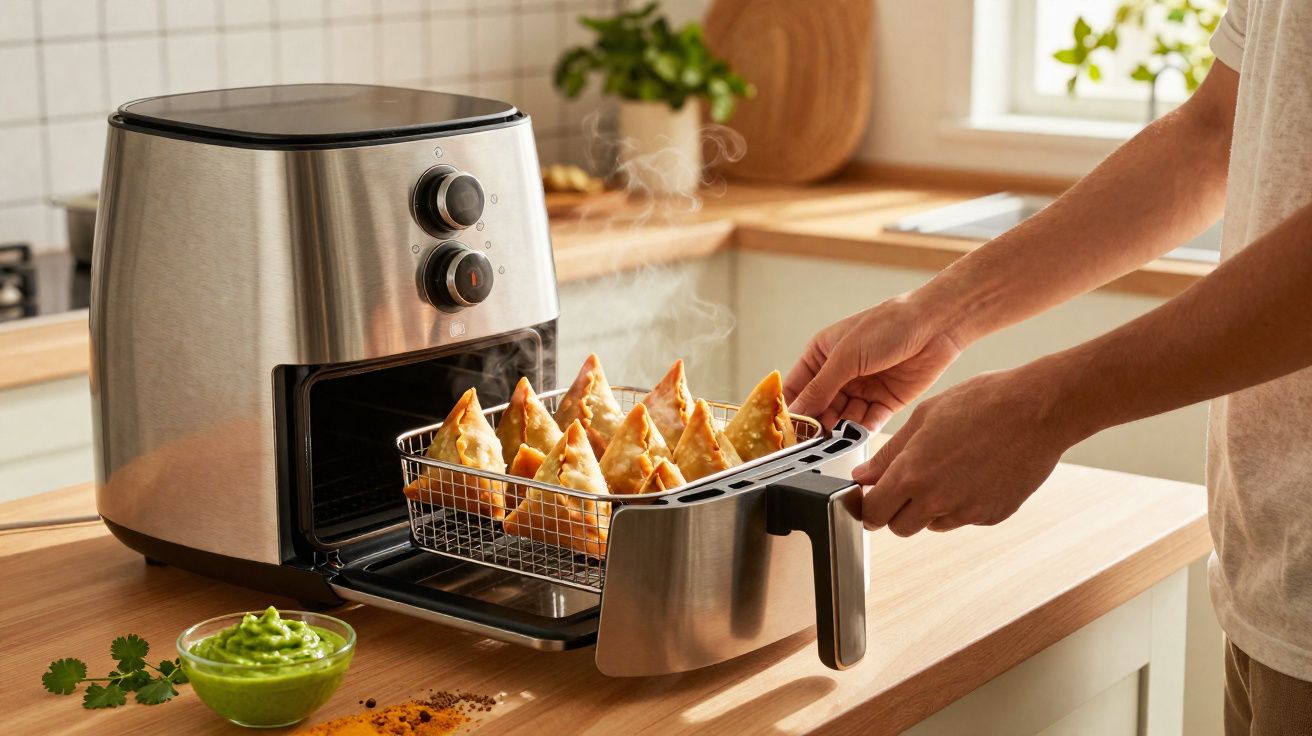 Pessoa a retirar pastelaria salgada quente de fritadeira de ar numa cozinha moderna com molho verde.