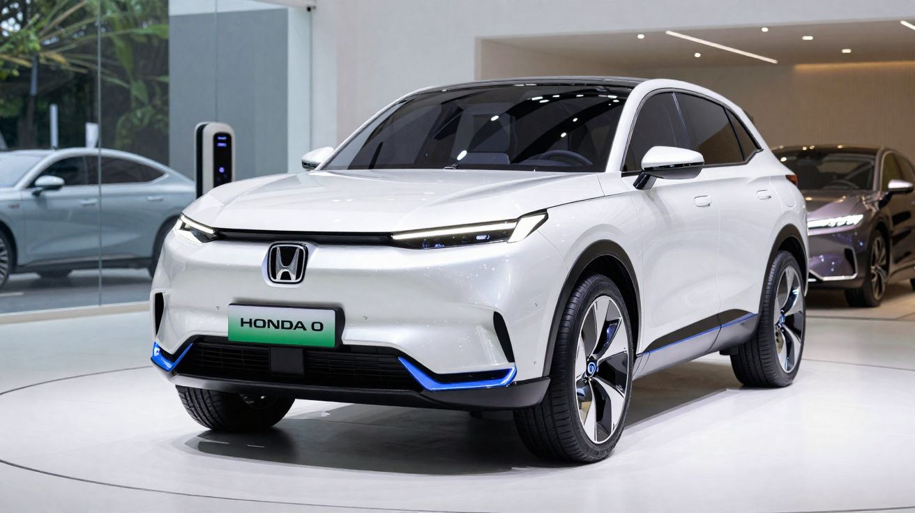 Carro elétrico Honda e SUV branco em exposição, com linhas modernas e detalhes azuis no para-choques.