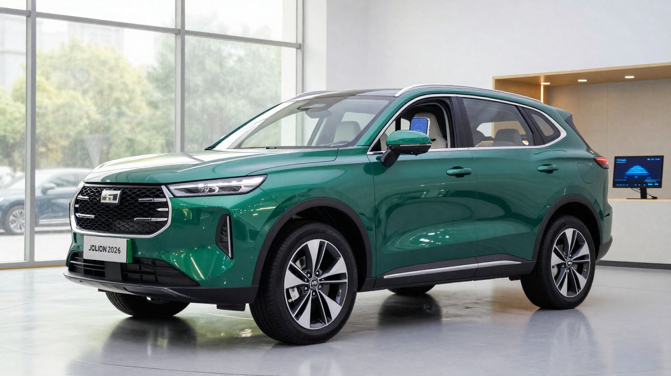 SUV verde brilhante, modelo JOLION 2026, em exposição dentro de showroom moderno e luminoso.