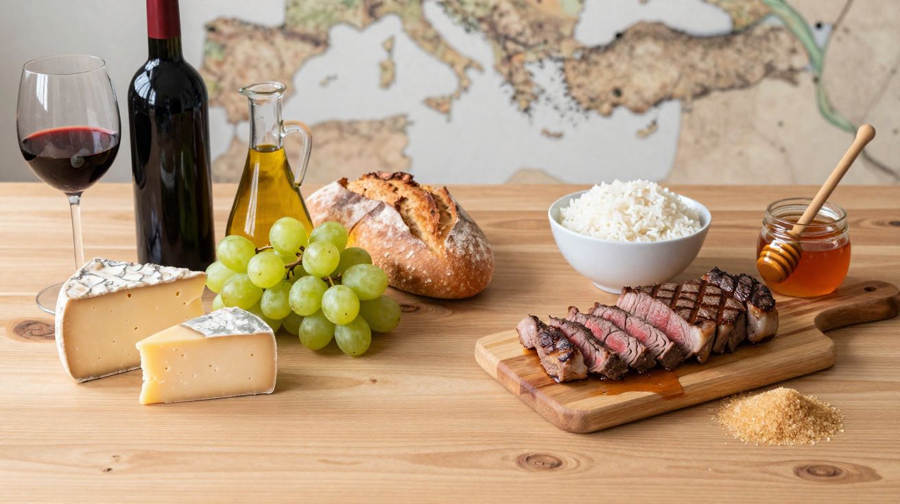 Mesa com vinho tinto, queijo, pão, uvas, azeite, arroz, bife grelhado, mel e açúcar castanho.