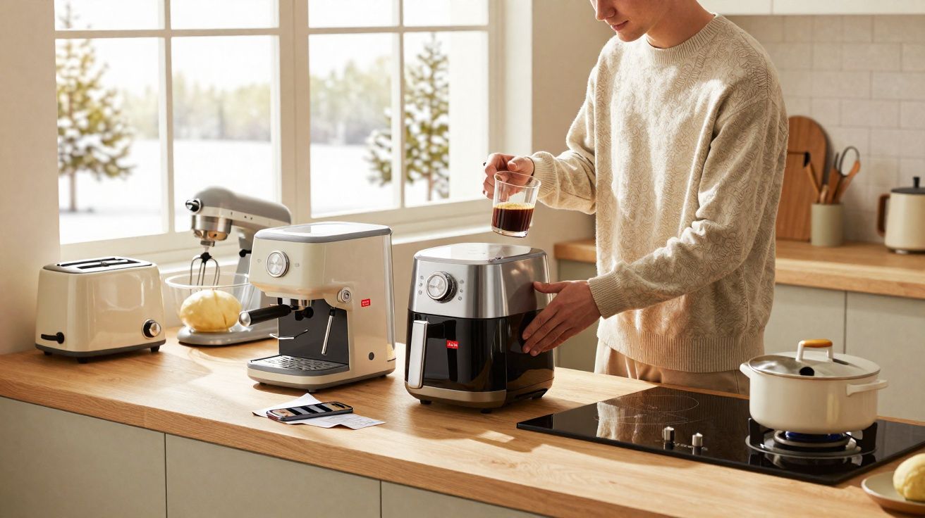 Pessoa a preparar café numa cozinha moderna com vários eletrodomésticos em cima do balcão de madeira.