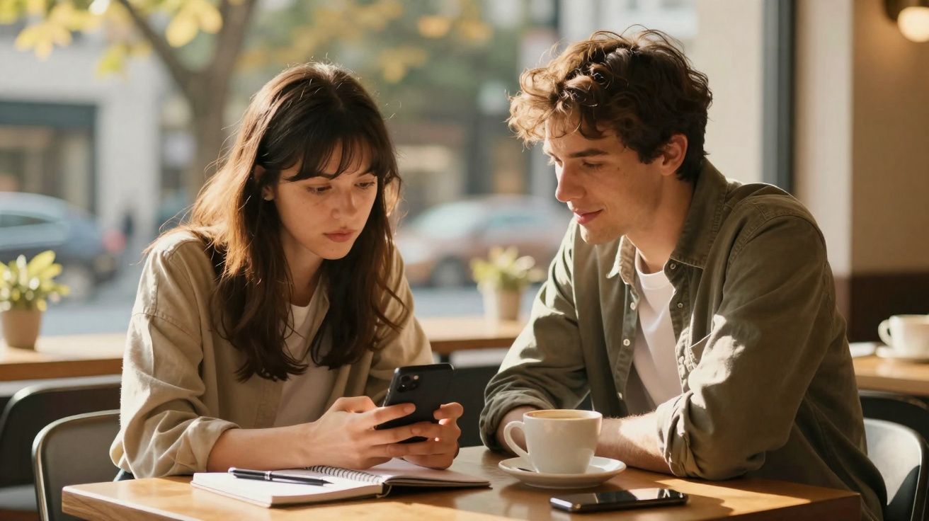 Jovem casal sentado em café, mulher a mostrar algo no telemóvel ao homem, ambos atentos.