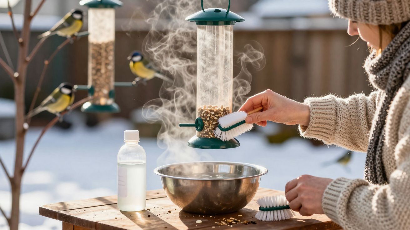 Pessoa de suéter e gorro limpa um comedouro de aves num dia frio, com várias gaivotas ao fundo.