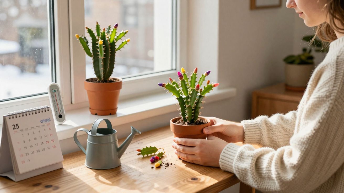 Pessoa a cuidar de cactos coloridos em vaso junto a janela com calendário, regador e termómetro numa mesa de madeira.