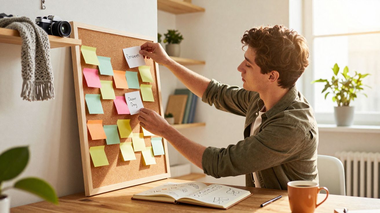 Homem a organizar notas coloridas num quadro de cortiça numa mesa com caderno e chá.