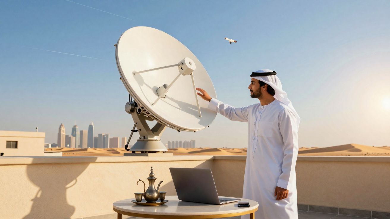 Homem árabe junto a antena parabólica numa varanda com cidade e deserto ao fundo ao pôr do sol.