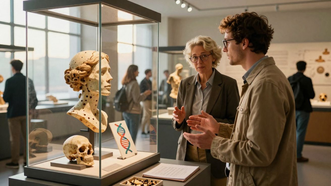 Visitantes a observar uma exposição com busto, crânio e gráfico de ADN num museu de ciência.