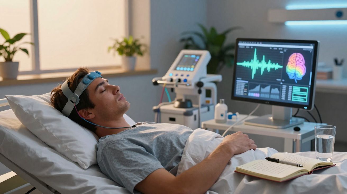 Homem a fazer exame de EEG deitado numa cama, ligado a máquina que regista atividade cerebral em computador.