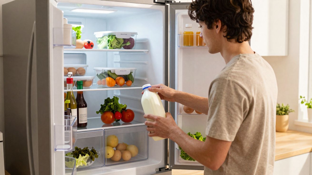 Homem a retirar garrafa de leite do frigorífico cheio de vegetais e frutas frescas.