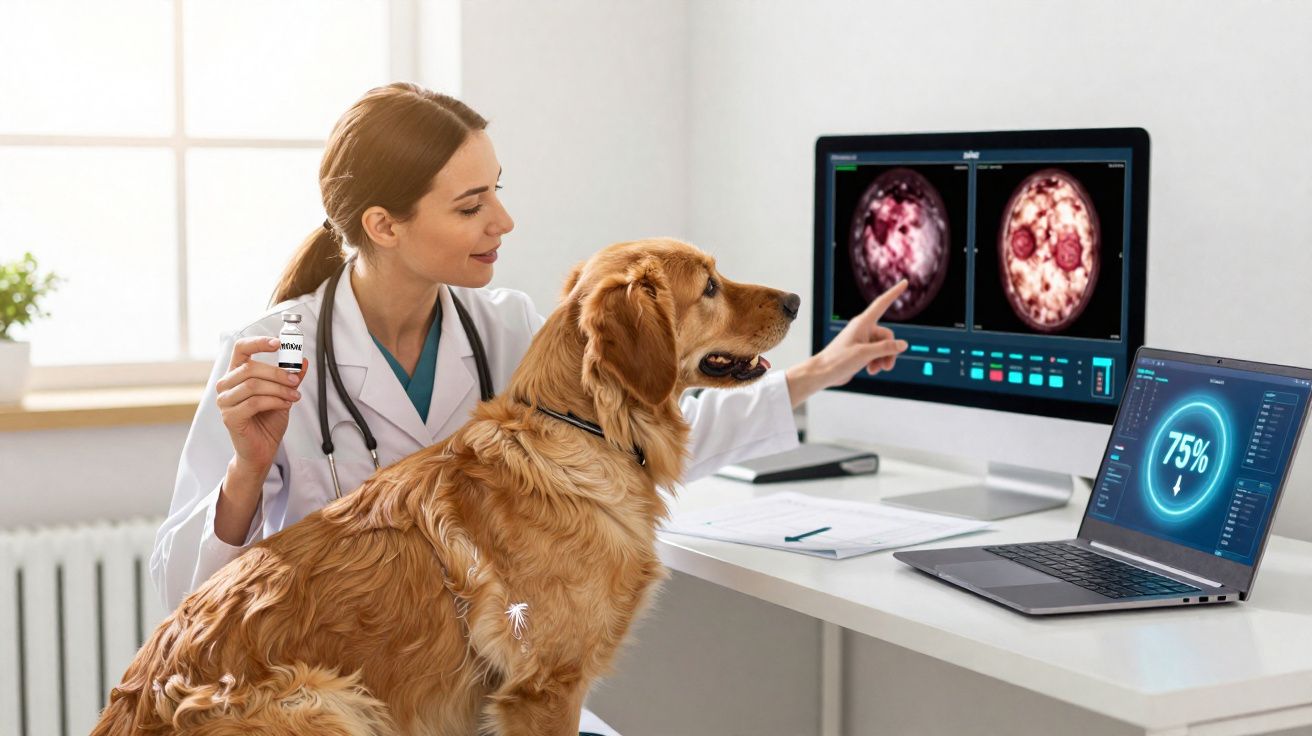 Veterinária mostra imagens de exames no computador enquanto segura medicamento e está ao lado de cão dourado.