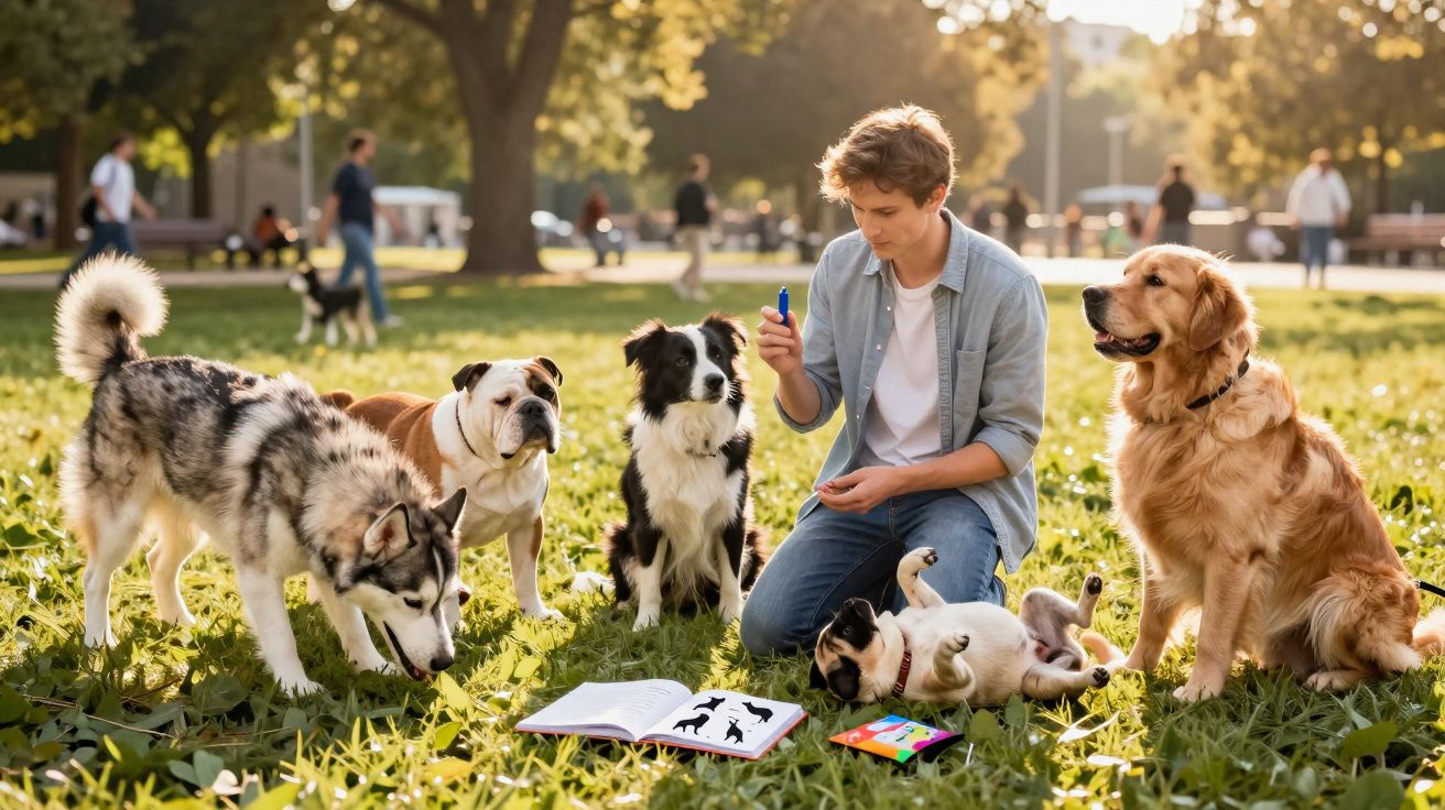 Jovem ensina truques a cinco cães de várias raças num parque ensolarado com árvores ao fundo.