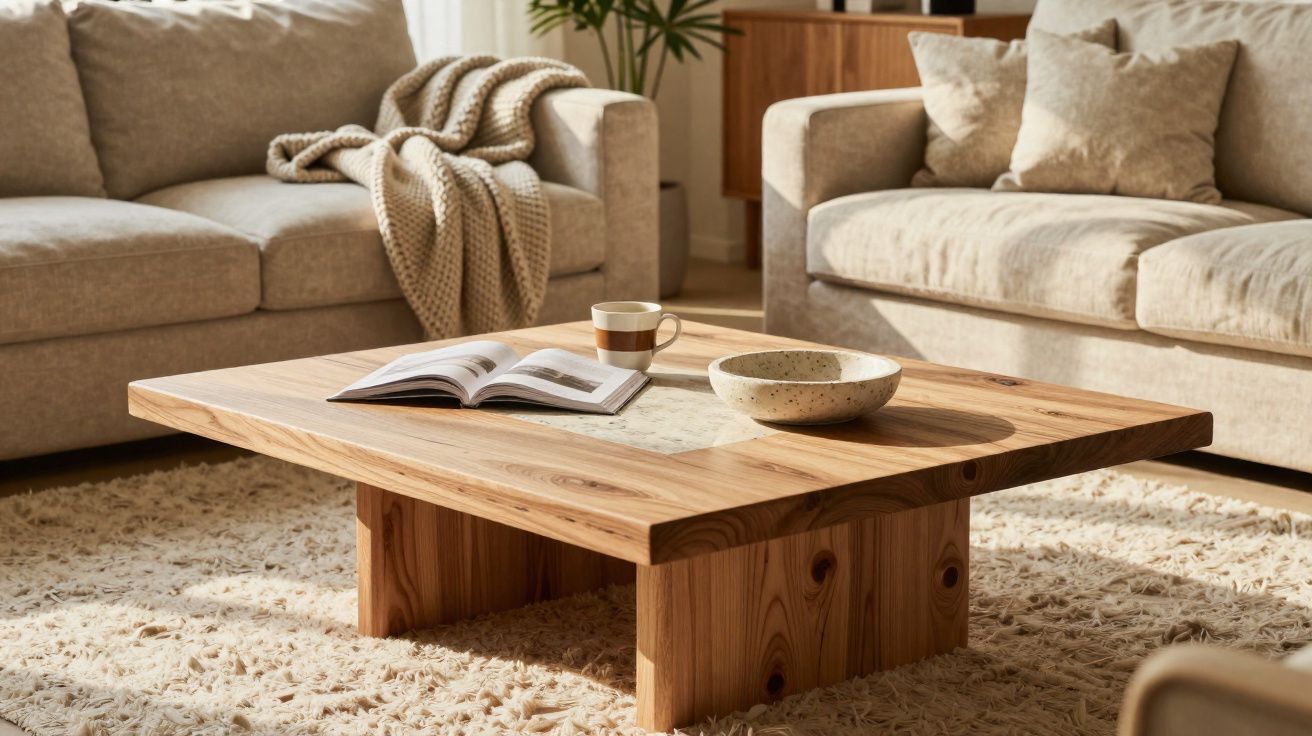 Mesa de centro de madeira clara com livro aberto, chávena e tigela, entre sofás beges numa sala luminosa.