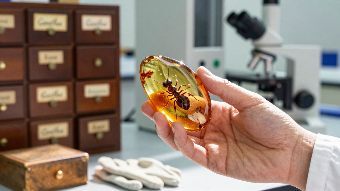 Mão segura pedaço de âmbar com formiga preservada em laboratório com microscópio e gavetas ao fundo.